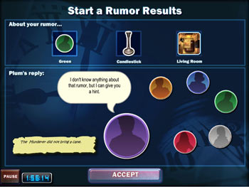 Screenshot of CLUE Accusations and Alibis